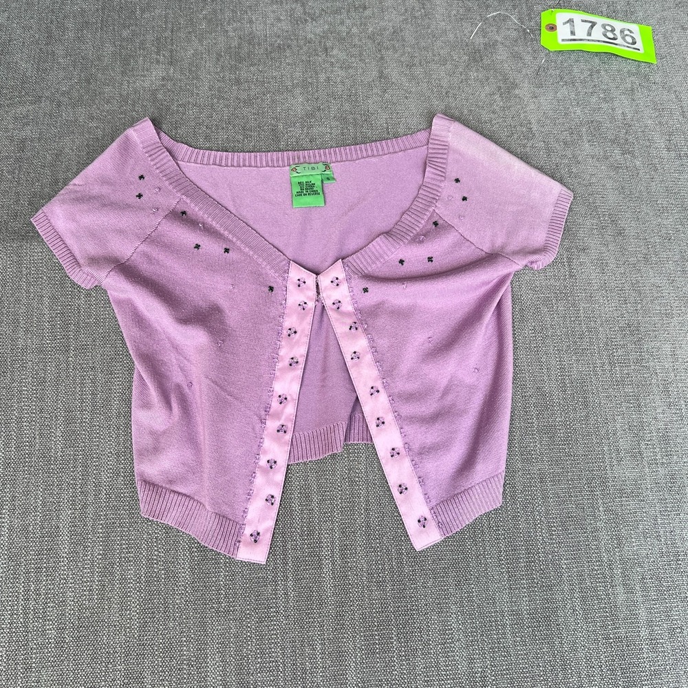 Tibi Cropped Cardigan Women S Purple Silk Blend Knit Short Sleeve Open Front Y2K